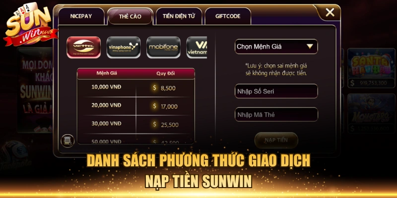 Danh sách phương thức giao dịch nạp tiền Sunwin